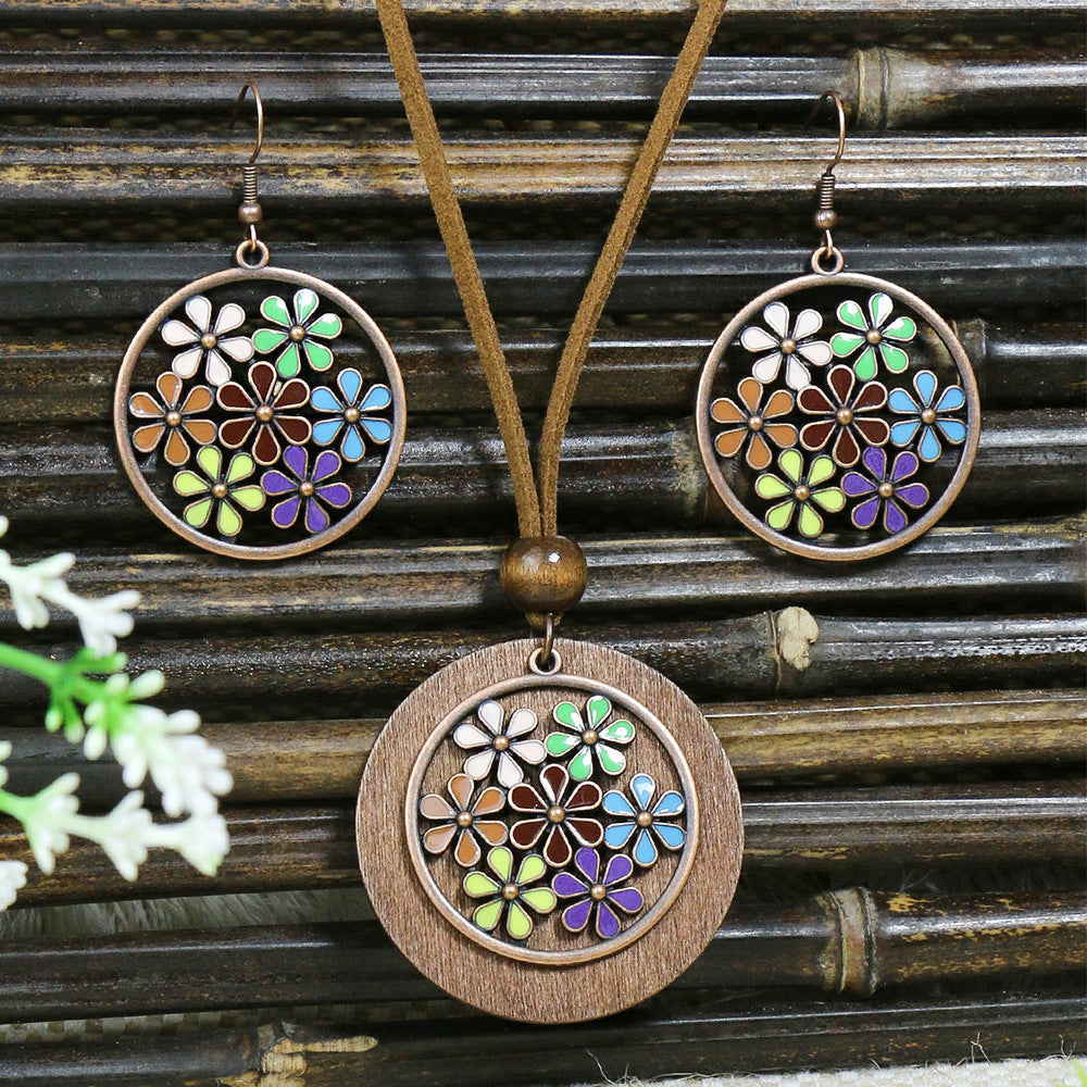 Retro Wooden Necklace Earring Set