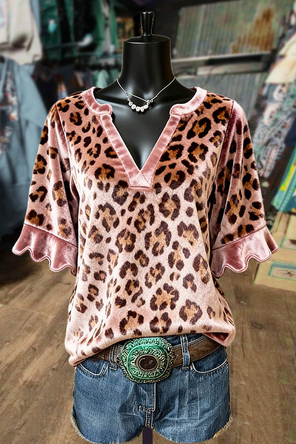 Leopard Print V-Neck Ruffle Short Sleeve Velvet Top