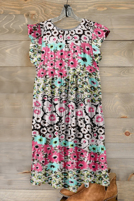 Cute Floral Print Ruffled Pleated Dress