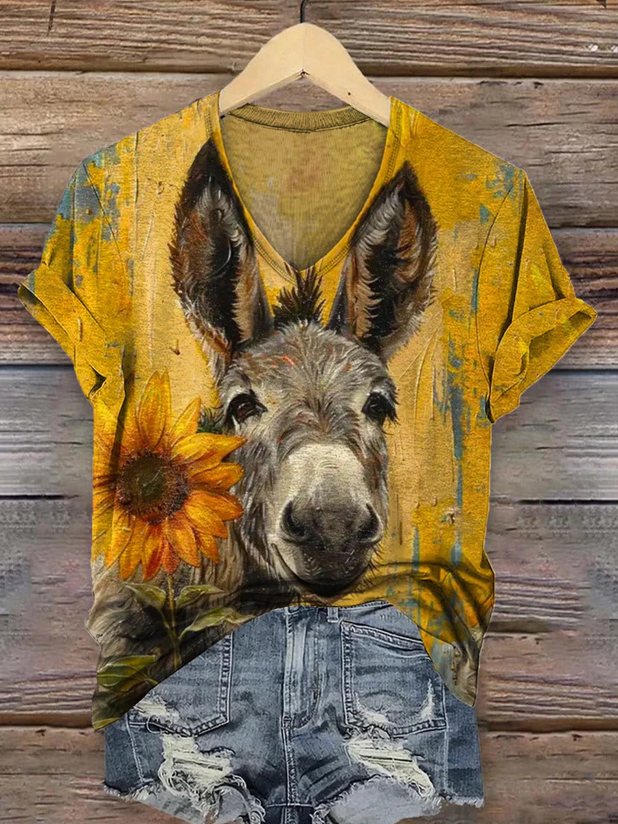 Cute Donkey and Sun Flower Prints Casual Cotton Sweatshirt