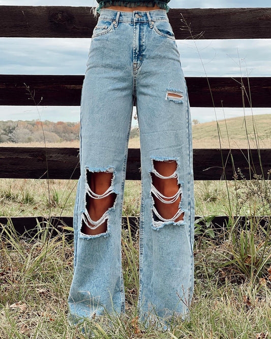 Fashion High Waist Ripped Straight Jeans