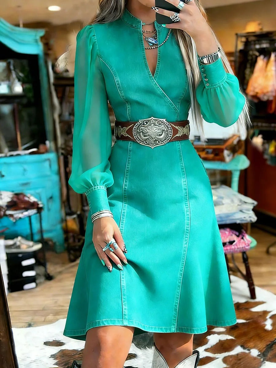Women's Casual Turquoise Lace Denim Dress