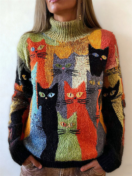 Vintage Crowded Cats Colorblock Turtleneck Cozy Sweater