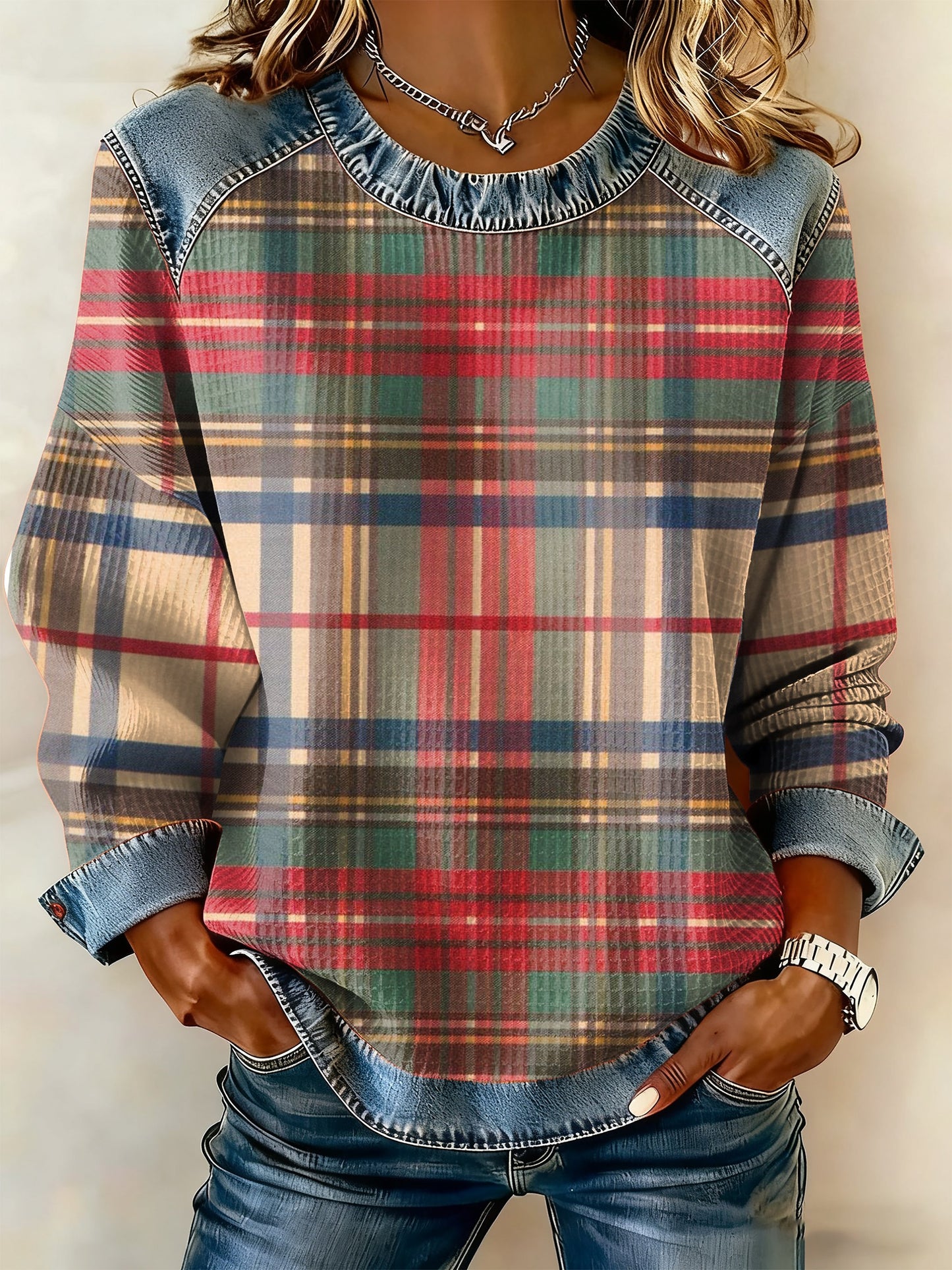 Women's Retro Christmas Plaid Art Print Casual Sweatshirt