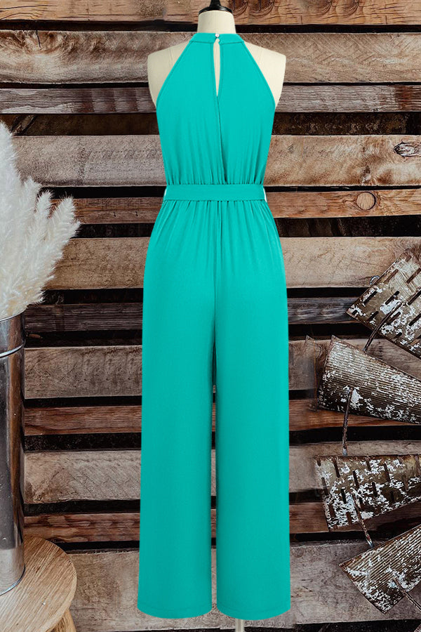 Elegant Solid Color Halterneck Bow Jumpsuit