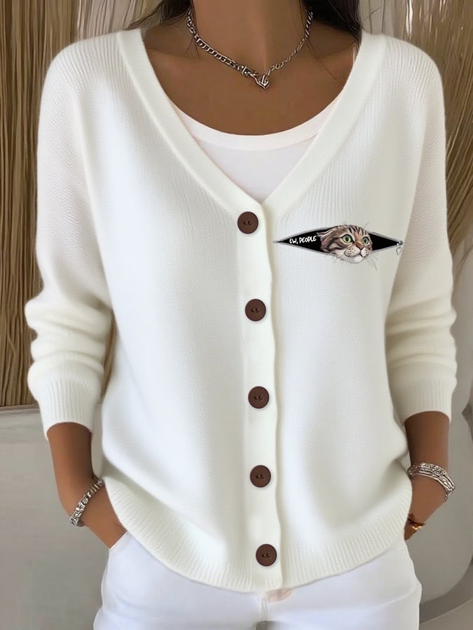 Women's Ew People Cat Print Casual Knitted Cardigan