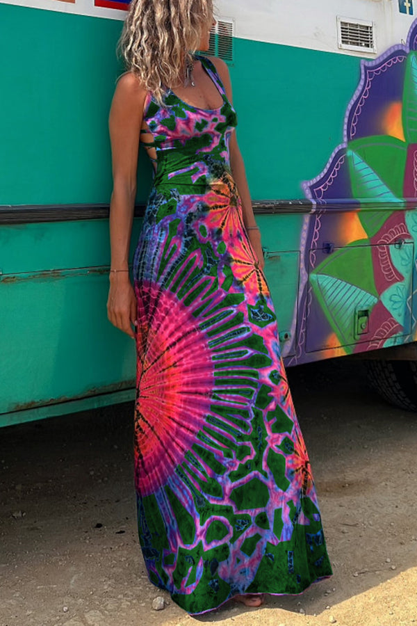 La Bamba Tie-dye Print Back Lace-up Stretch Maxi Dress