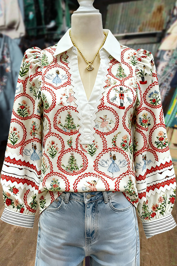 Vintage Christmas Print Ric Rac Long Sleeve Top