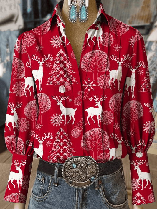 Women's Western Vintage Christmas Evergreen Elk Print Long Sleeve Shirt