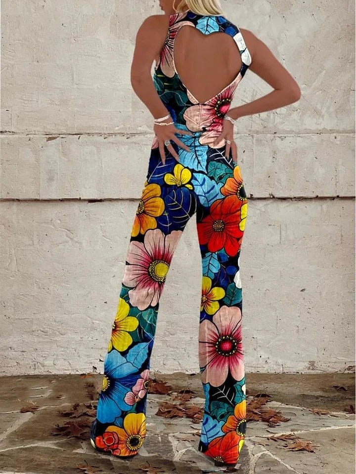 Women's Colorful Flowers Pop Art Print Casual Denim Jumpsuit