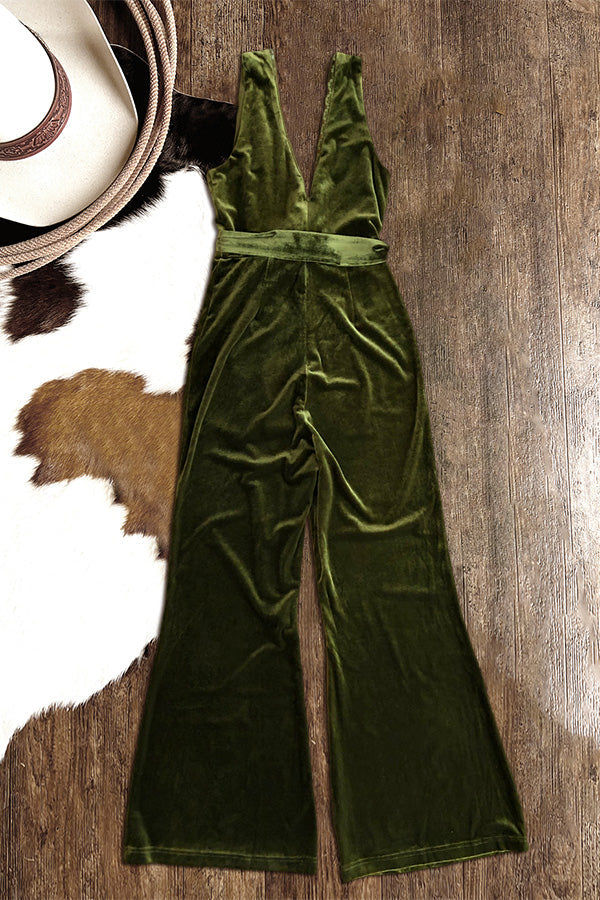 Stunning Overlapping Deep V-Neck Velvet Sleelvess Jumpsuit