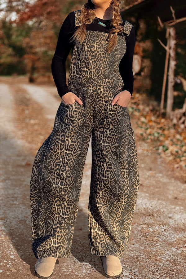 Vintage Leopard Print Wide-Leg Overalls