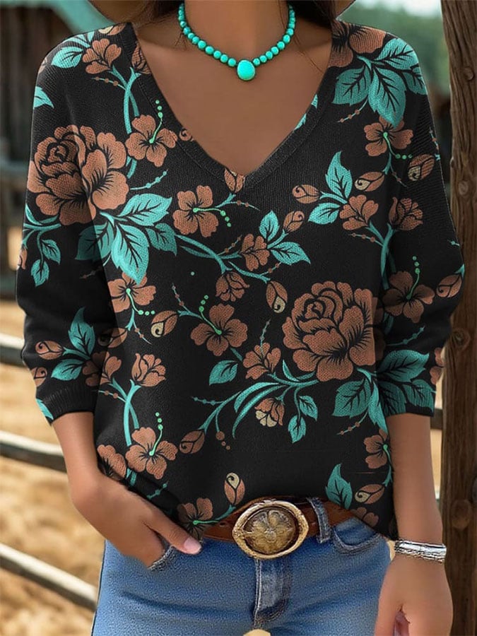 Women's Western Vintage Floral Print Long Sleeve Top