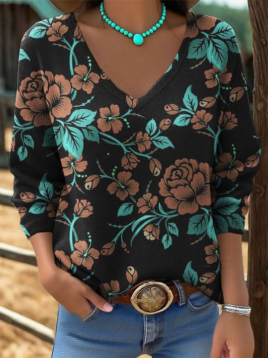 Women's Western Vintage Floral Print Long Sleeve Top