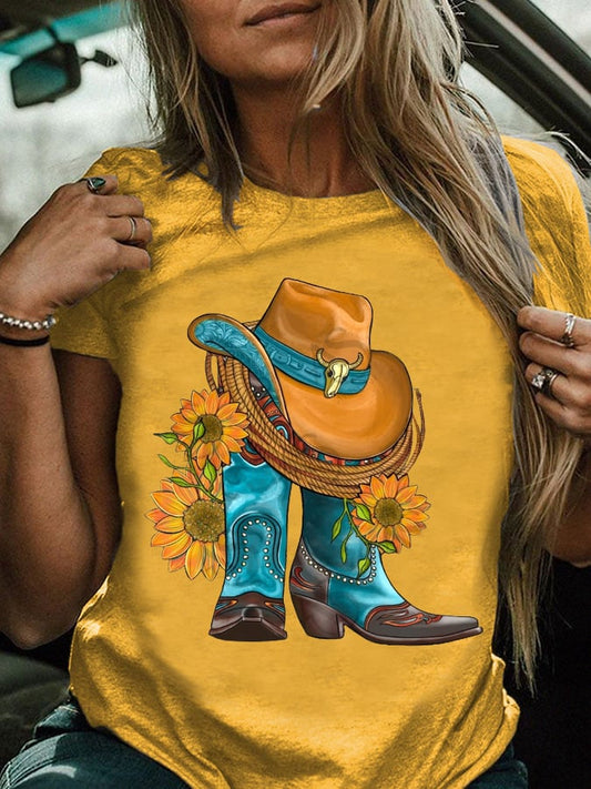 Women's Western Hat And Cowboy Boots With Sunflowers Print T-Shirt