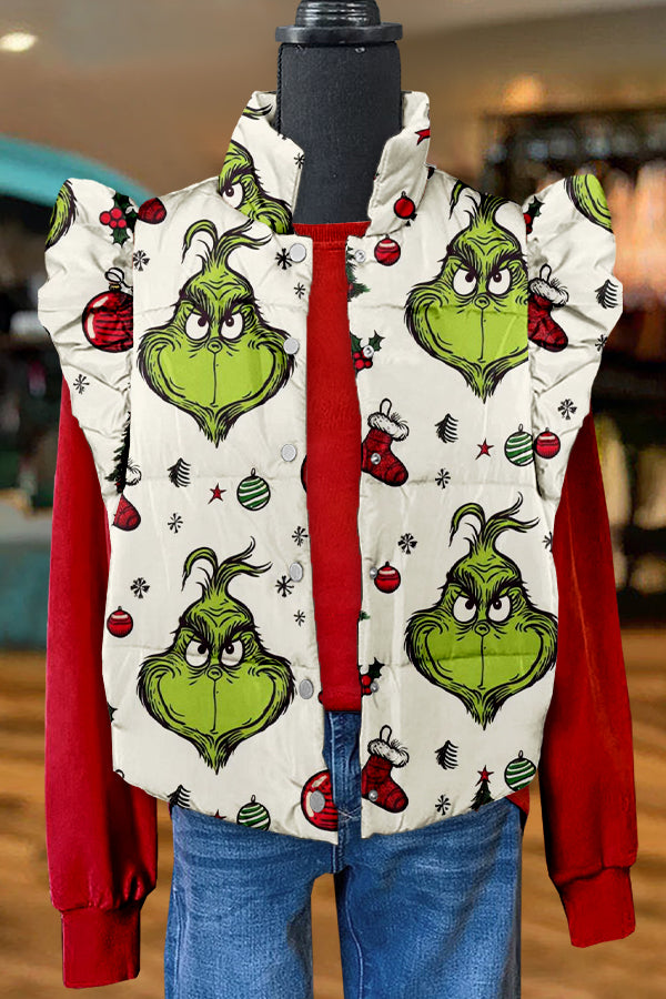 Funny Christmas Grinch Print Ruffle Vest