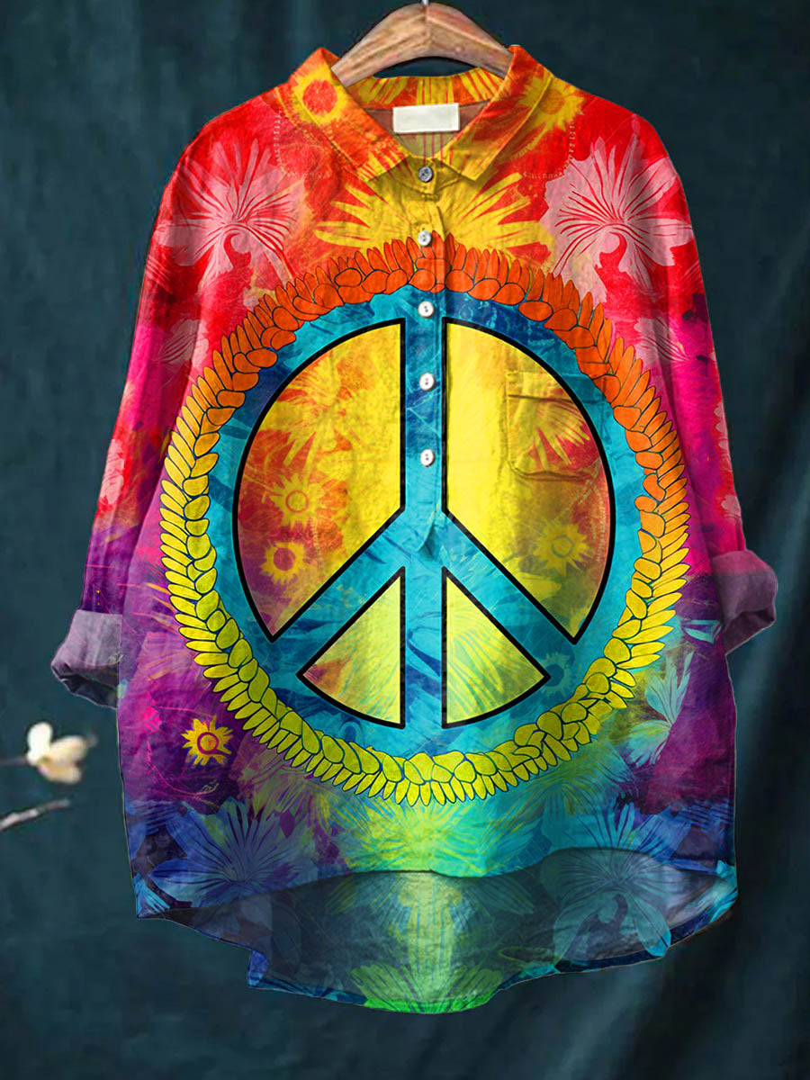 Peace And Love Flower Rainbow Art Pattern Print Casual Cotton And Linen Shirt