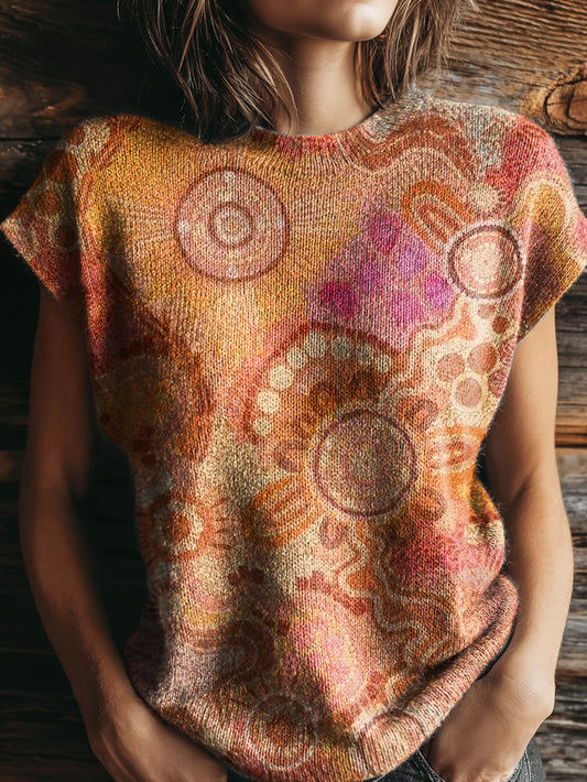 Women's Retro Ethnic Floral Abstract Art Print Casual Crew Neck Short Sleeve Knitted Sweater