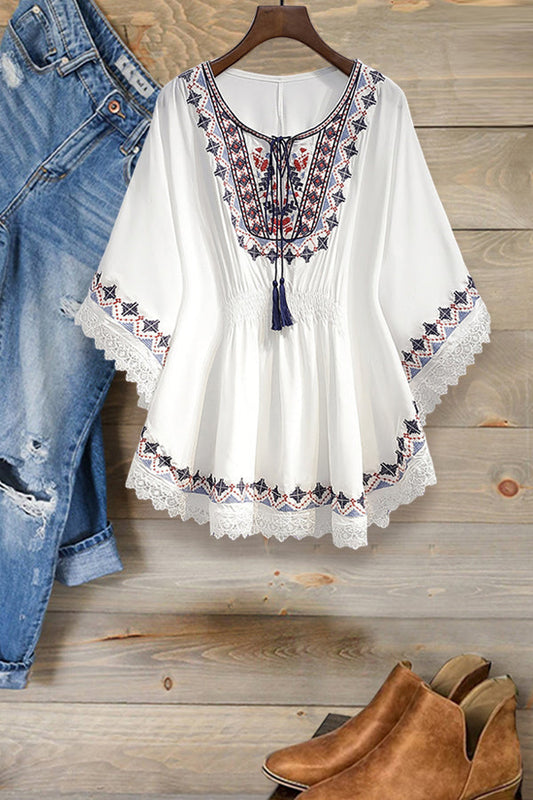 Bohemian Fringed Patchwork Lace Three-quarter Sleeve Top