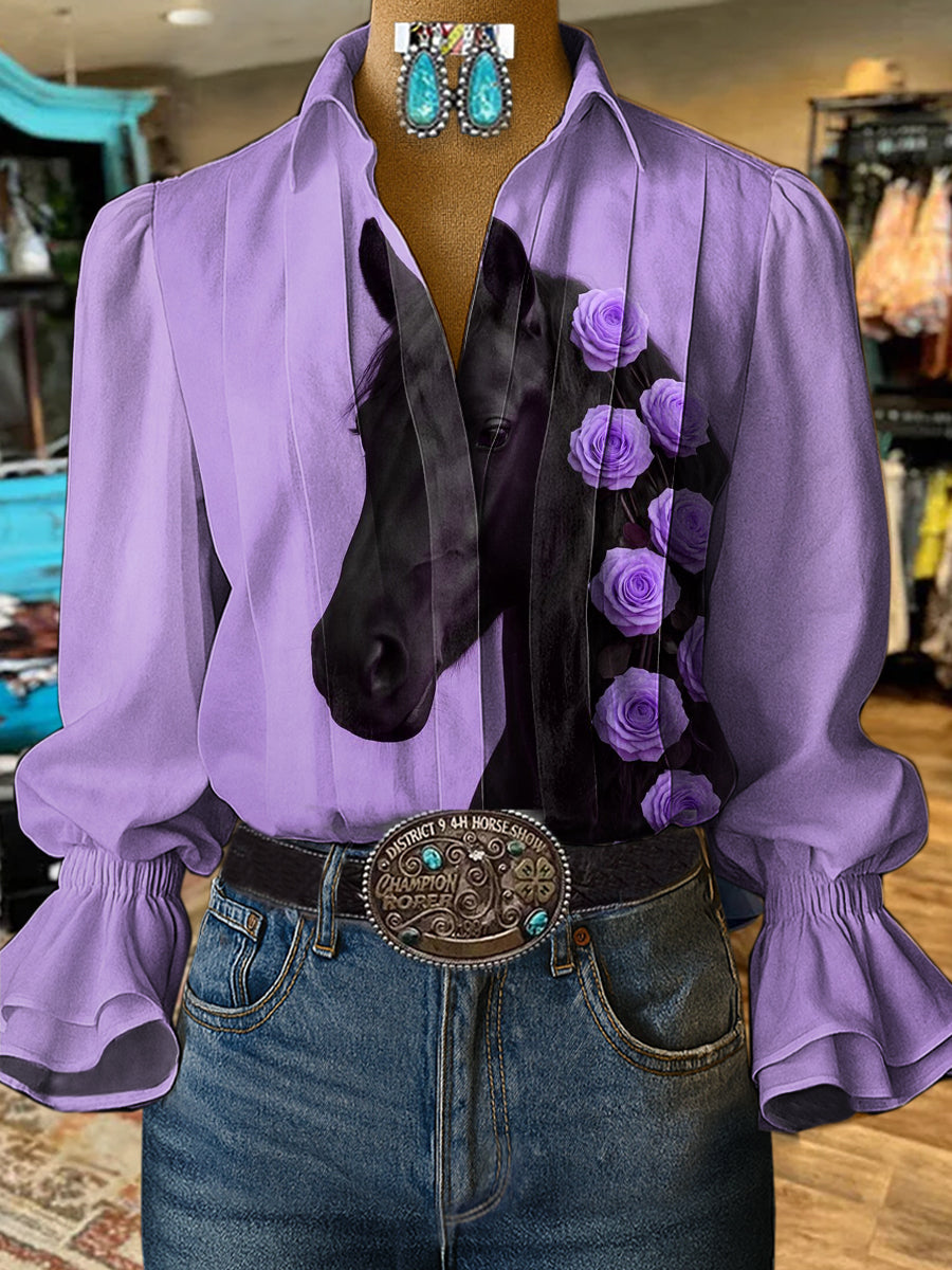 Women's Vintage Art Horse Print Casual  Cotton And Linen Shirt