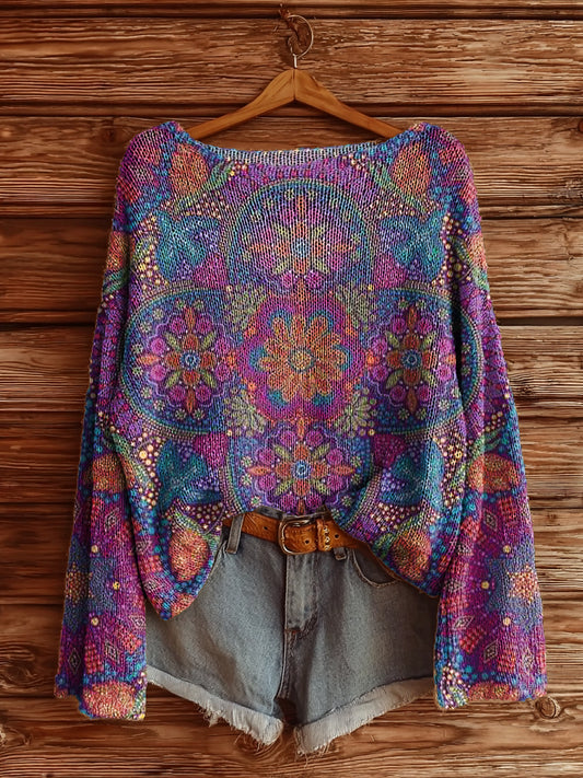 Women's Vintage Bohemian Floral Art Print Casual Pullover Sweater