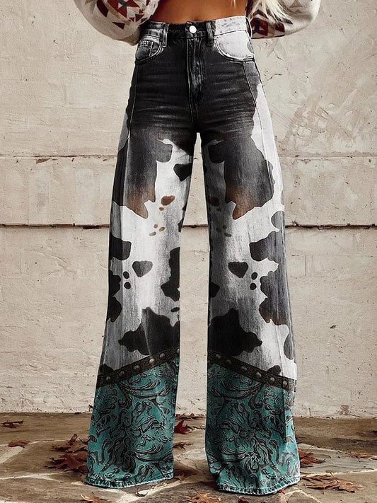 Women's Retro Pattern Print Casual Wide Leg Pants