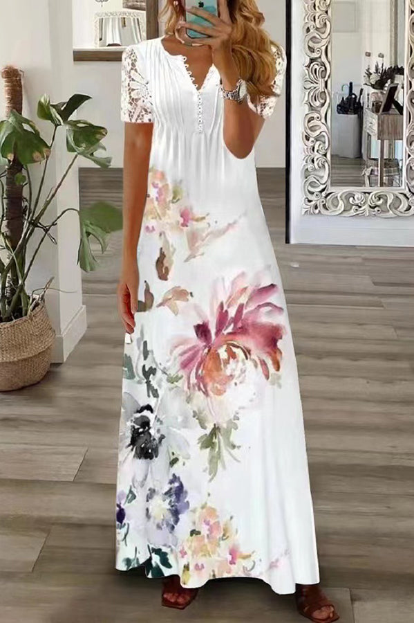 Boho Floral V Neck Button Lace Sleeve Holiday Beach Maxi Dress