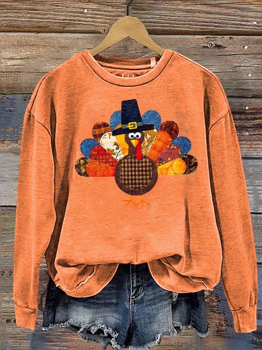 Vintage Patchwork Turkey Print Casual Cotton Sweatshirt