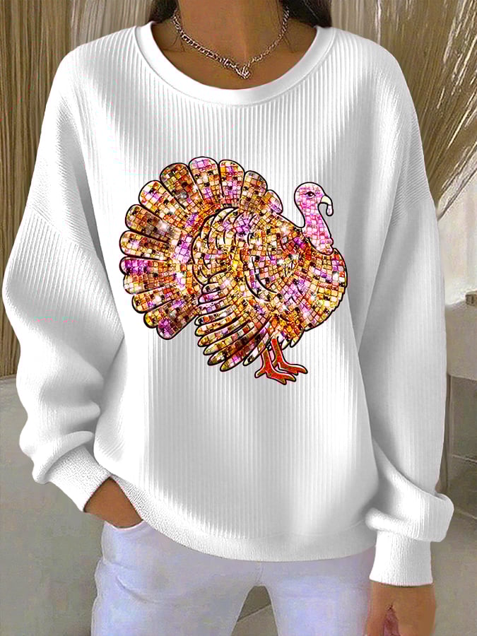 Women's Retro Thanksgiving Print Round Neck Sweatshirt