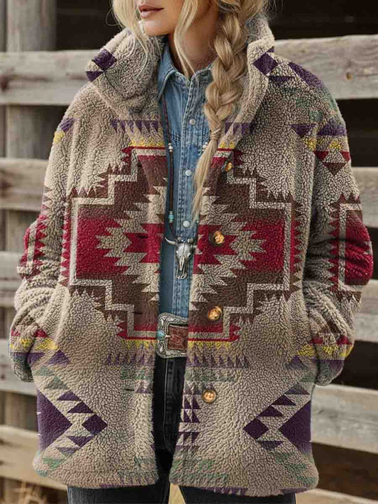 Women's Vintage Aztec Print Casual Sherpa Coat