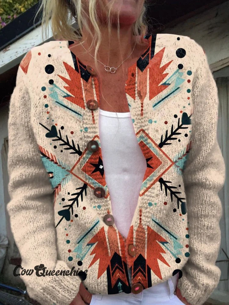 Retro Leather Embossing Pattern Print Buttoned Cardigan Sweater