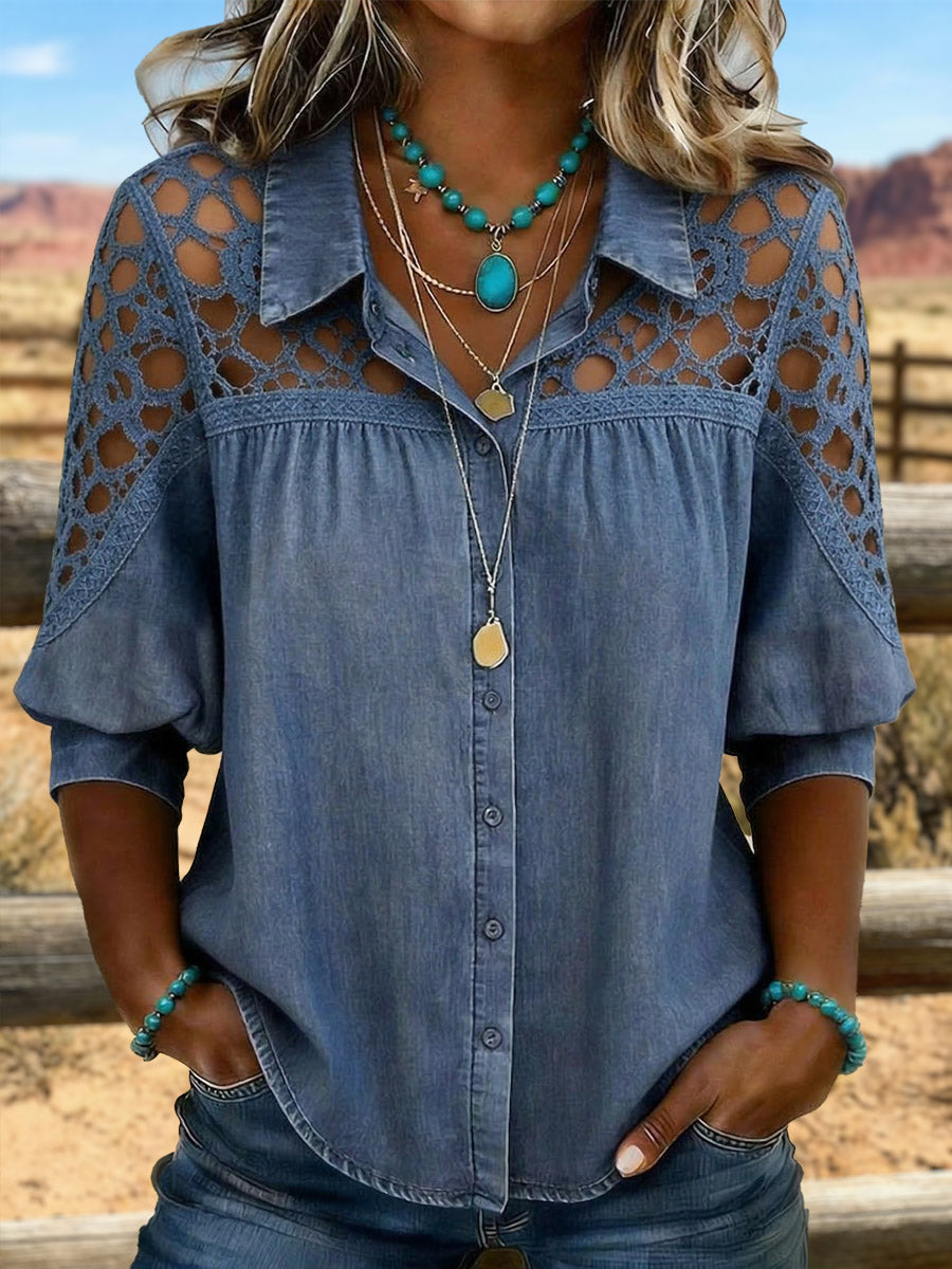 Vintage Art Hollowed Out Lace Patchwork Denim Shirt