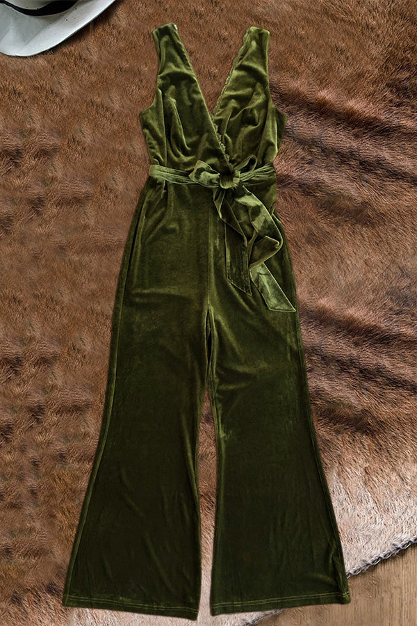 Stunning Overlapping Deep V-neck Velvet Sleelvess Jumpsuit