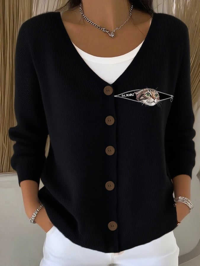 Women's Ew People Cat Print Casual Knitted Cardigan