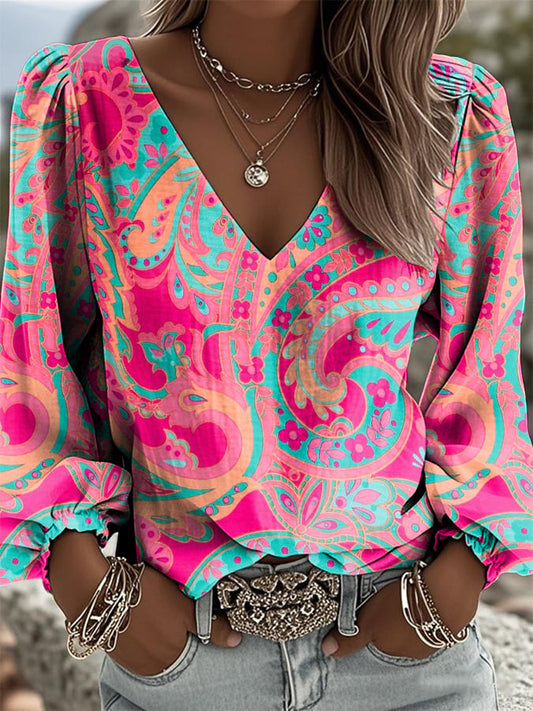 Women's Casual Western Waffle Puff Sleeve Paisley Cotton And Linen Top