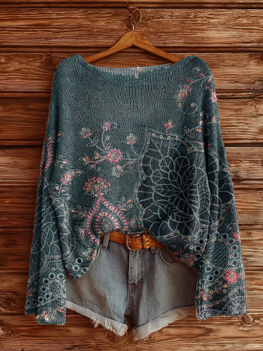 Women's Vintage Ethnic Floral Art Print Casual Pullover Sweater
