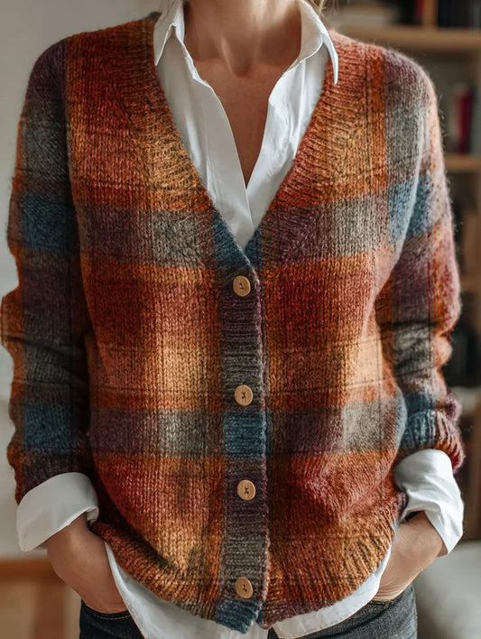 Women's Retro Plaid Art Print V-Neck Button-Up Knit Cardigan