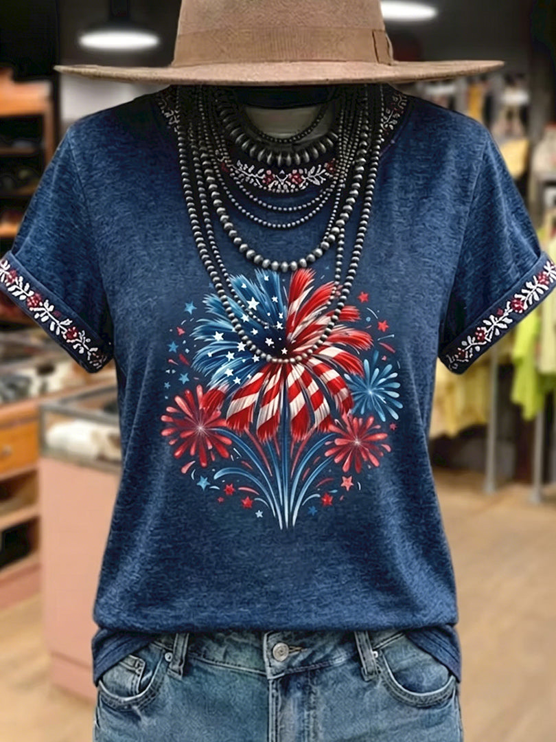 Women's Vintage Patriotic Fireworks Print Round Neck Cotton T-Shirt