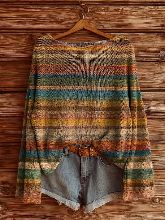 Women's Retro Stripe Art Pattern Print Casual Pullover Sweater