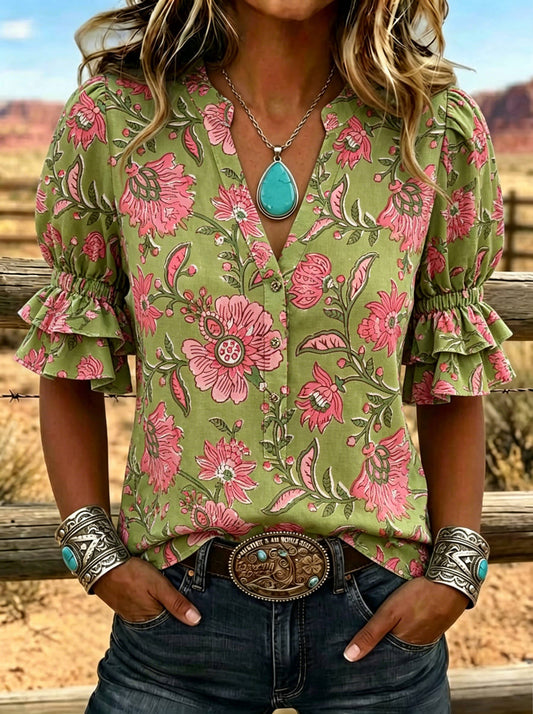 Women's Floral Print Puff Sleeve Casual Shirt