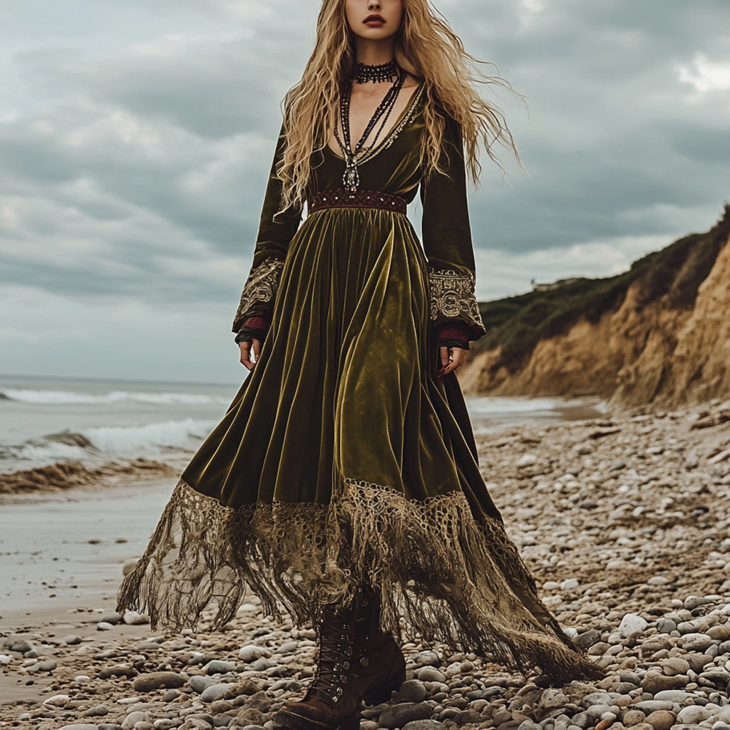 Breezy Bohemian Beach Vacation Autumn And Winter Velvet Ethnic Style Fluttering Dress