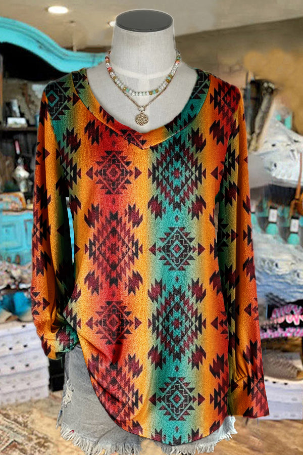 Unique Western Totem V-neck Long-sleeved Top