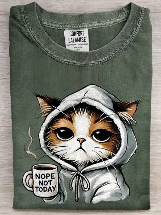 Funny Nope Not Today Cute Cat Art Print Casual Cotton Short Sleeve T-shirt