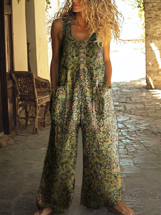 Women's Vintage Ethnic Art Print Casual 100% Cotton Wide Leg Jumpsuit