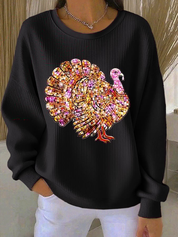 Women's Retro Thanksgiving Print Round Neck Sweatshirt