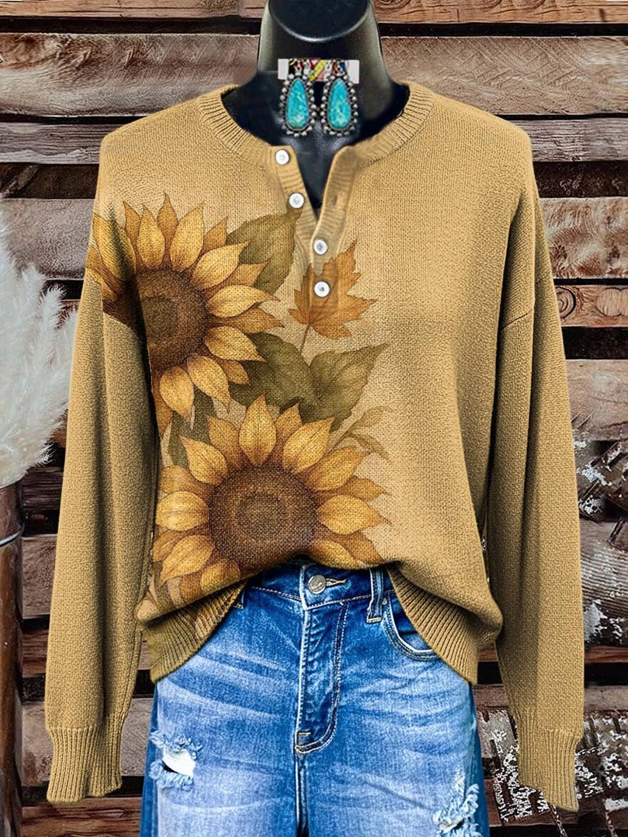 Vintage Sunflower Art Print Casual Cotton Sweatshirt