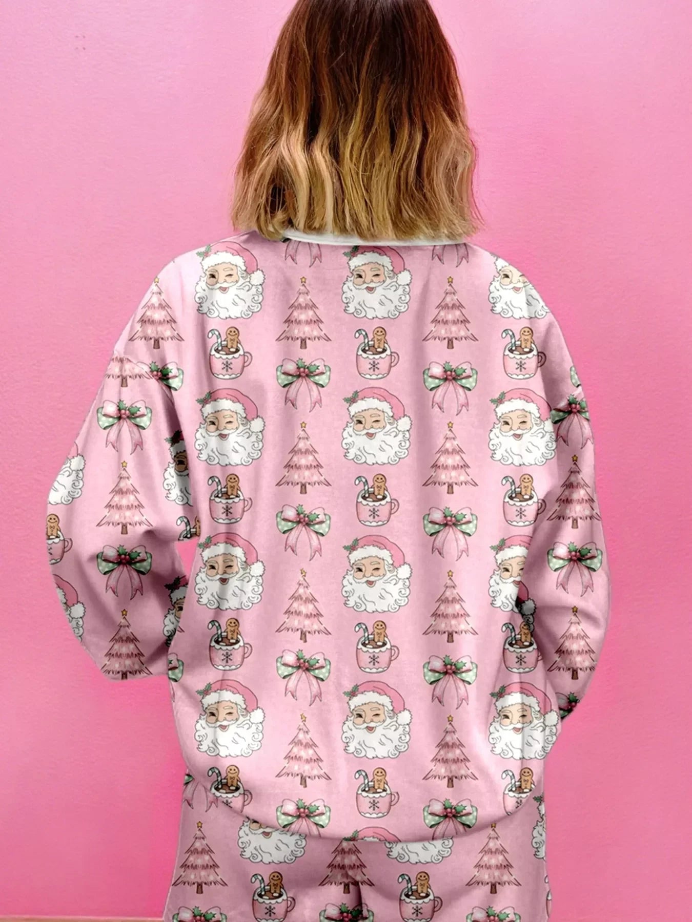 Christmas Santa Print Round Neck Top and Shorts Lounge Set