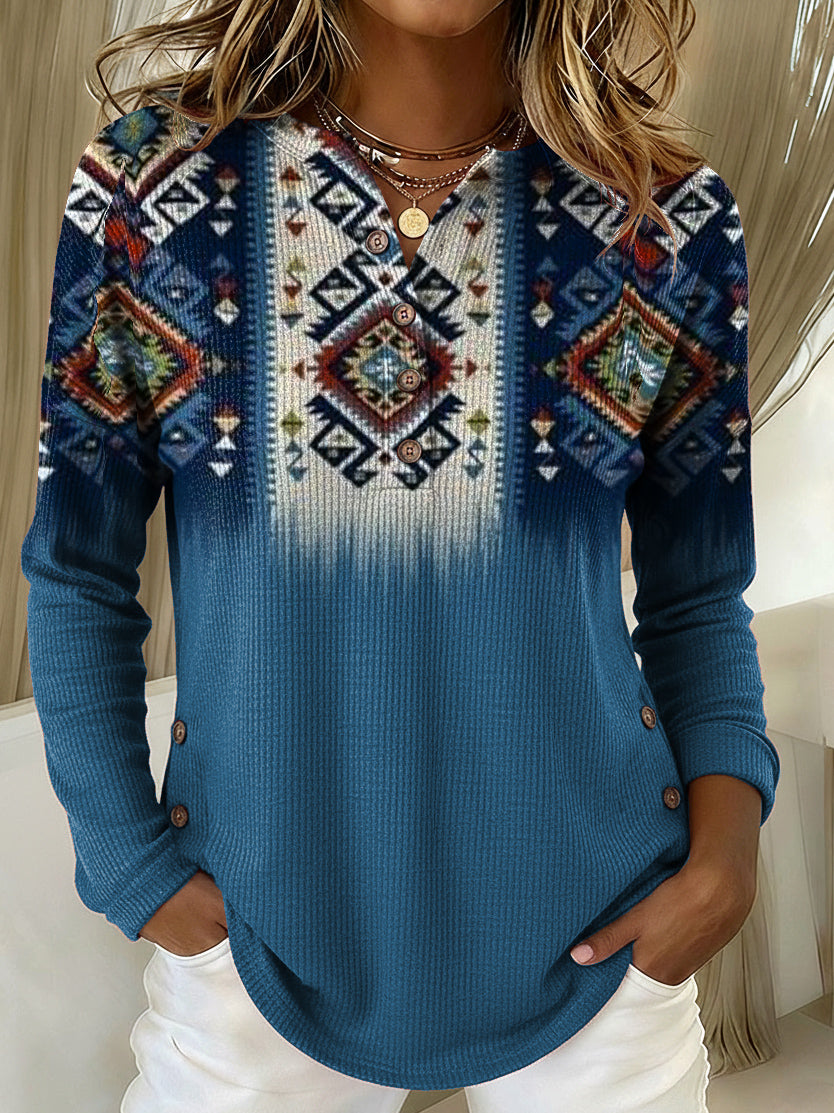 Women's Vintage Aztec Pattern Art Print Casual Cotton Shirt