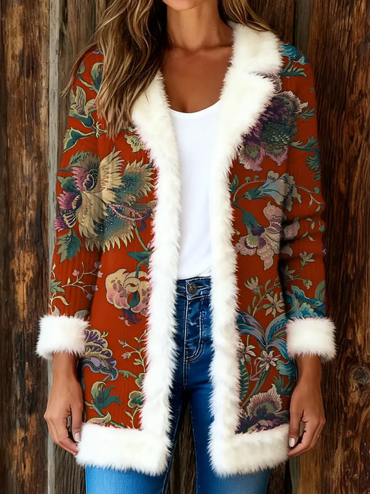 Women's Retro Folk Floral Art Pattern Print Plush Knit Cardigan