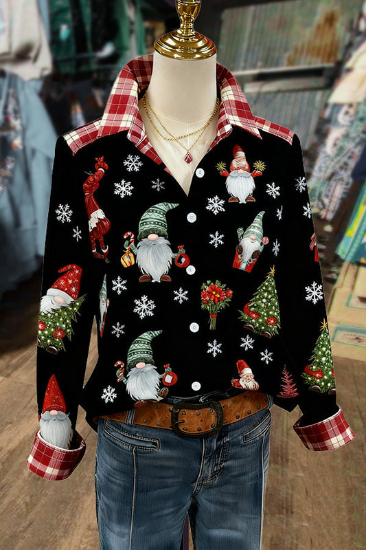 Mixed Christmas Print Plaid Long Sleeve Top